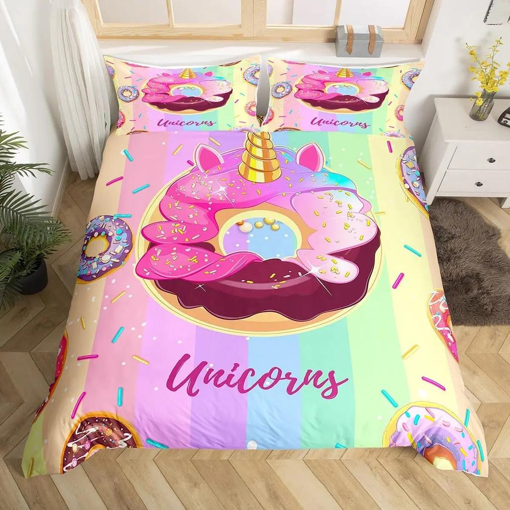 Kawaii Donut Duvet Cover Set Colorful Sweet Doughnut Bedding Set Delicious Dessert Pink Purple Comforter Cover Girls Room Decor