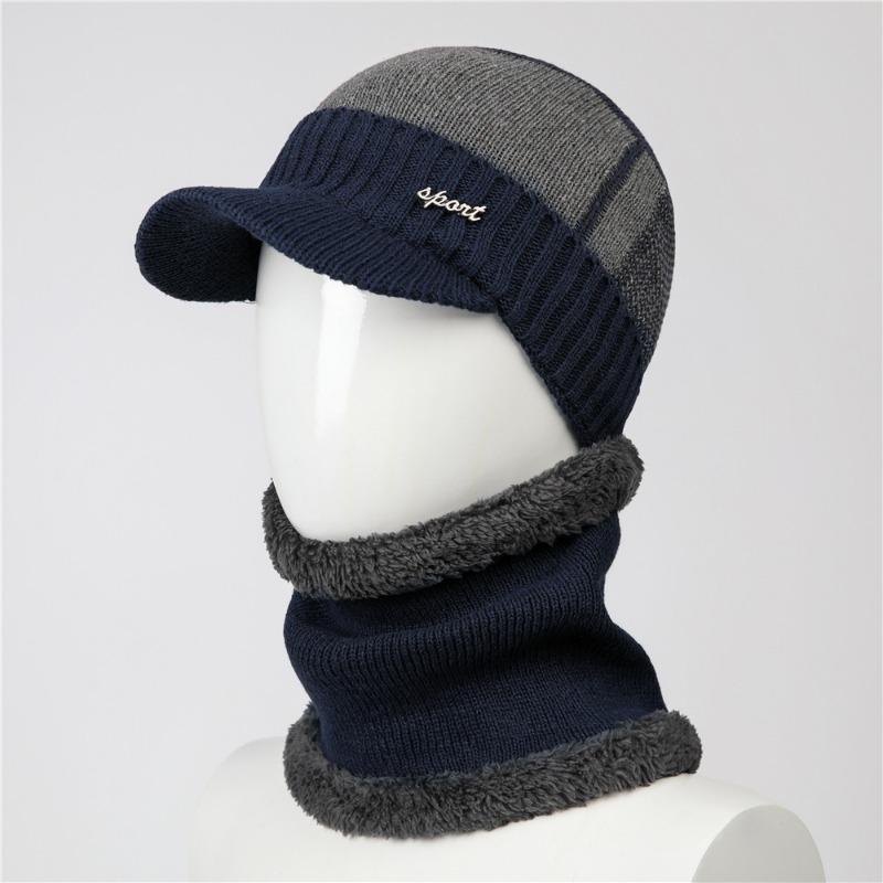 

Шапка Мужская осенне-зимняя вязаная шерстяная шапка, шерстяная защита для ушей, теплая и бархатная старая шапка Set (hat + scarf) тёмно-синий