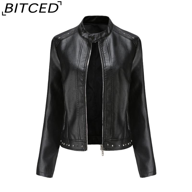 

BITCED Rivet Fashion Stand Collar Leather Jacket Solid Colour Casual Jacket for Women Spring/Autumn Outerwear S чёрный