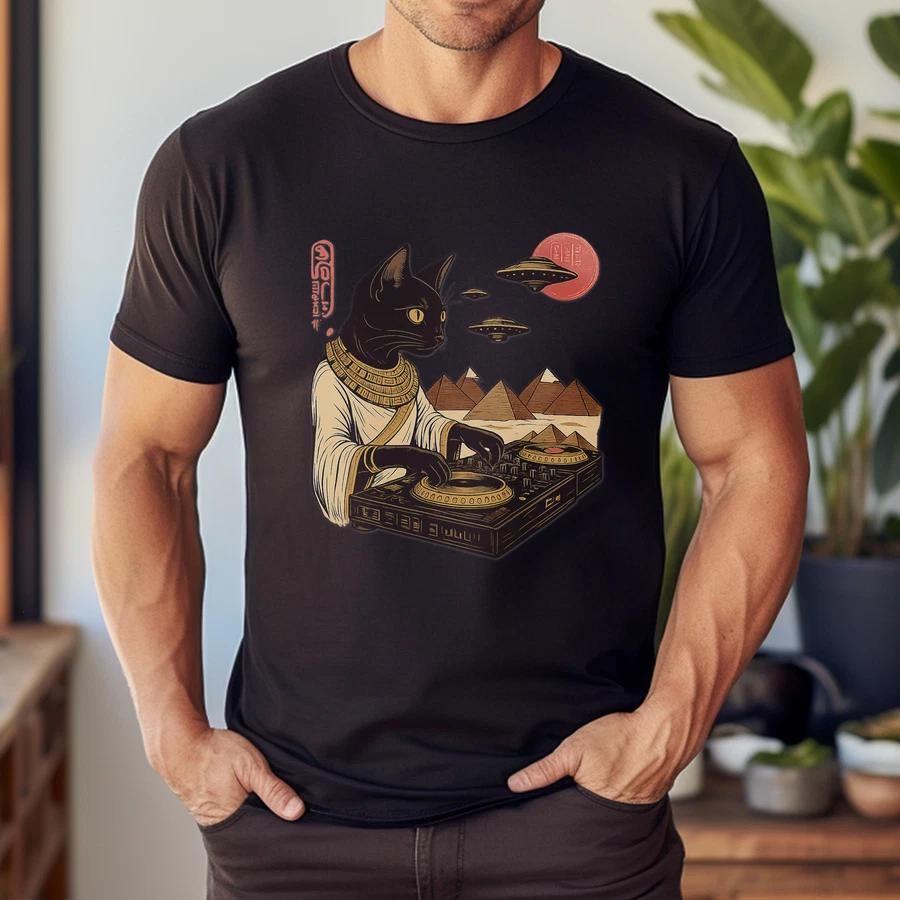 Egyptian Cat DJ UFO Art Print T-Shirt S