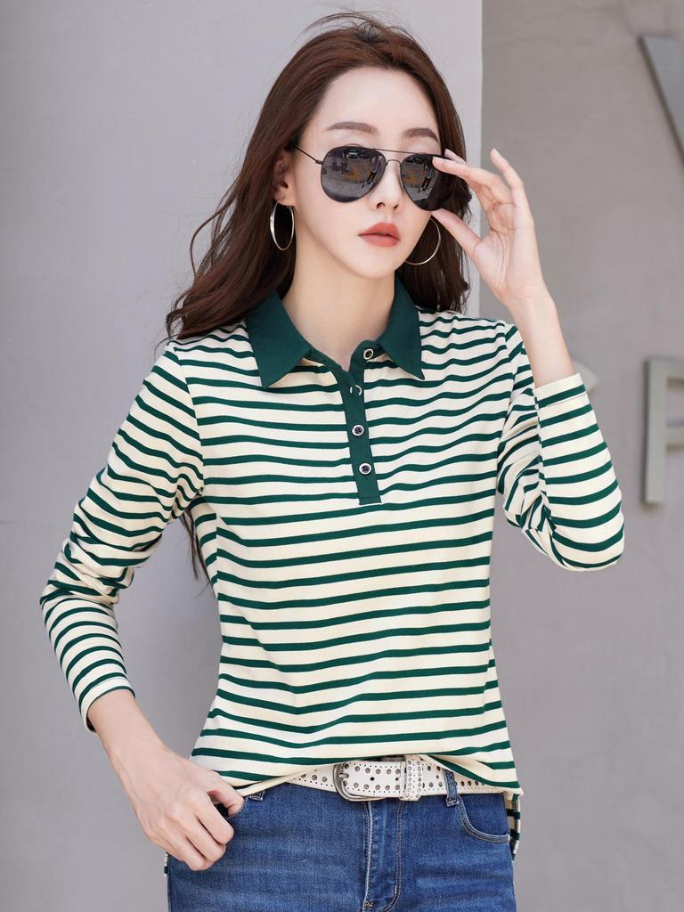 Women's Autumn Korean Style Striped Long Sleeve Lapel T-shirt - 95% Cotton, Button-Up, Slimming Fit