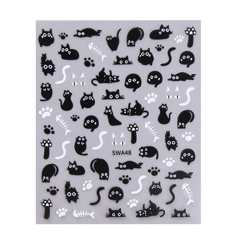 1Pc Black Cat Nail Art Stickers, Halloween Cartoon Animal Self-Adhesive Decals, DIY Nail Salon Art Decorations Animal Print