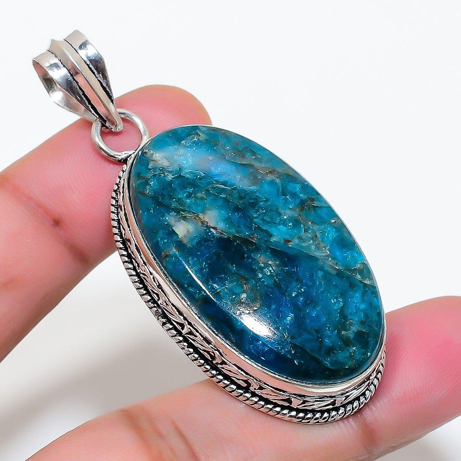 Natural Neon Blue Apatite 925 Sterling Silver Jewelry Pendant 2.21" AP-15943
