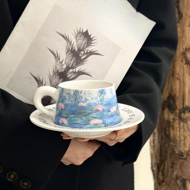 Monet Peintures Célèbres Nénuphars Tasse à Café Soucoupe Ensemble Thé de l'Après-Midi Latte Tasse à Lait Tasse en Céramique Rétro