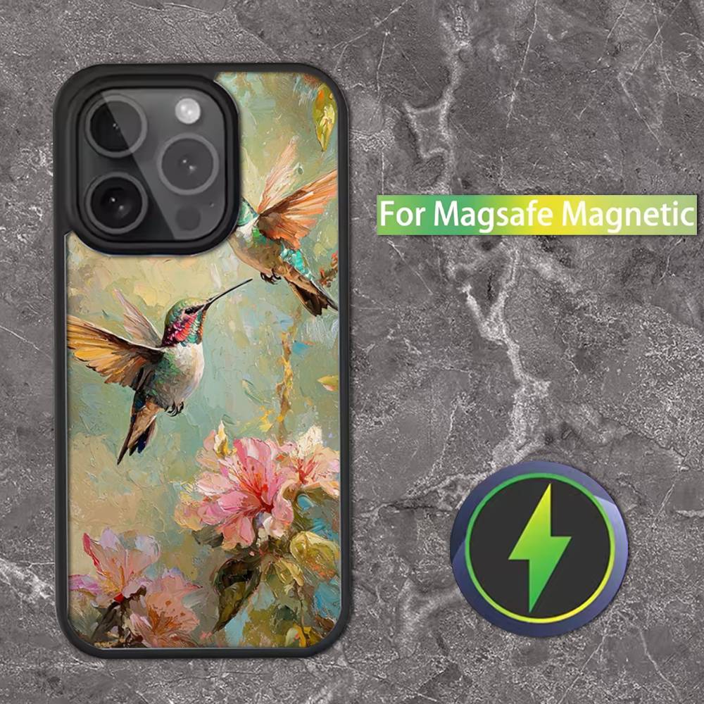 Hummingbird and Flowers Phone Case For iPhone 17,16,15,14,13,12,11,Pro,Max,Plus,Mini,SE Magsafe Magnetic Wireless Charging
