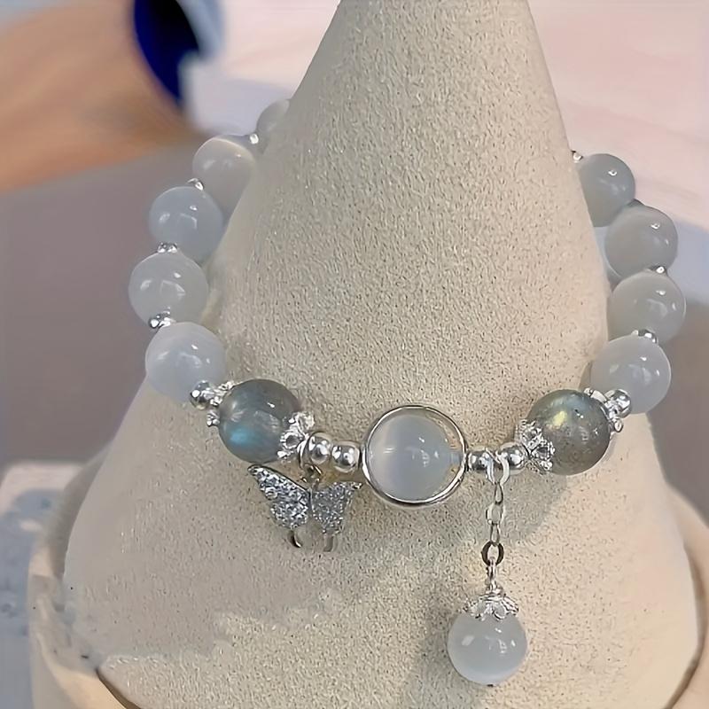 Dainty Blue Cats Eye Beaded Bracelet, Cute Butterfly Charm Elastic Hand Chain, Moonlight Opalite Stone Jewelry