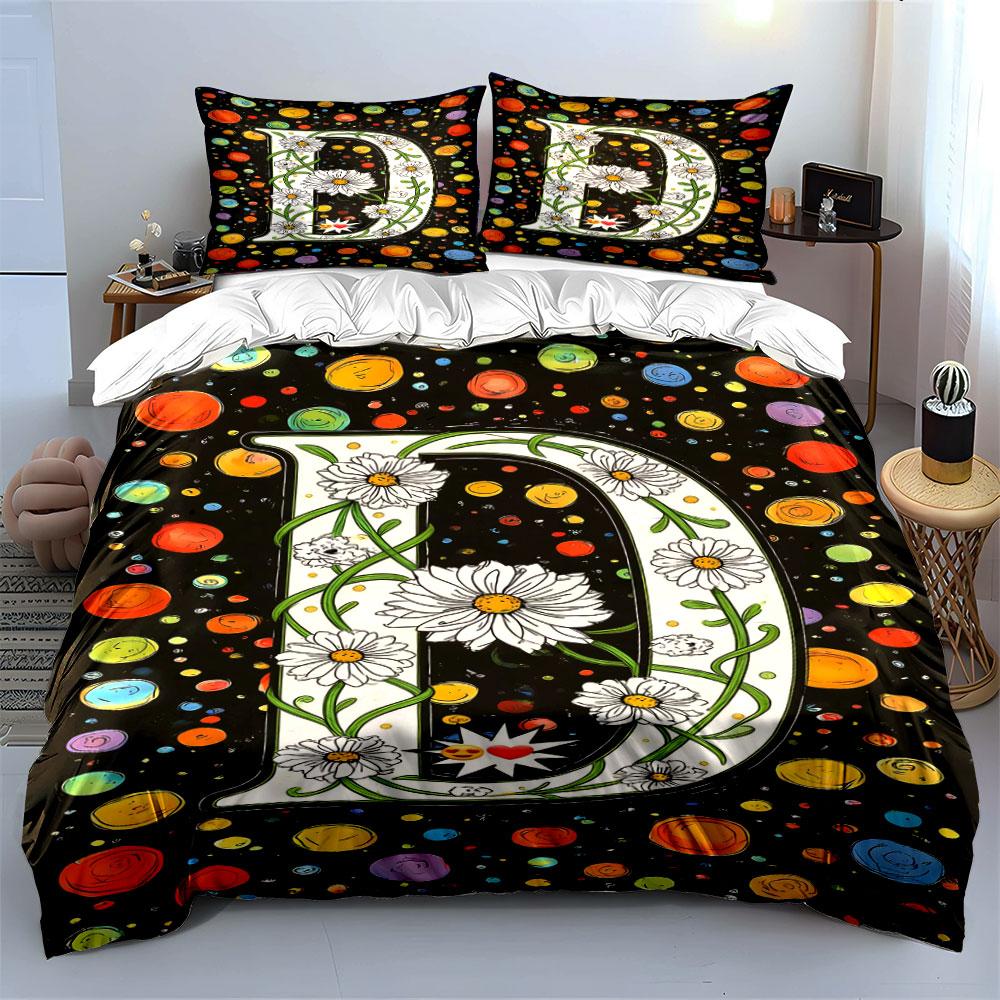 Daisies, letter "D," colorful circles. Bedding sets Duvet cover sets Duvet covers Pillowcases(1 * Duvet Cover 2 * Pillowcases without duvet insert)