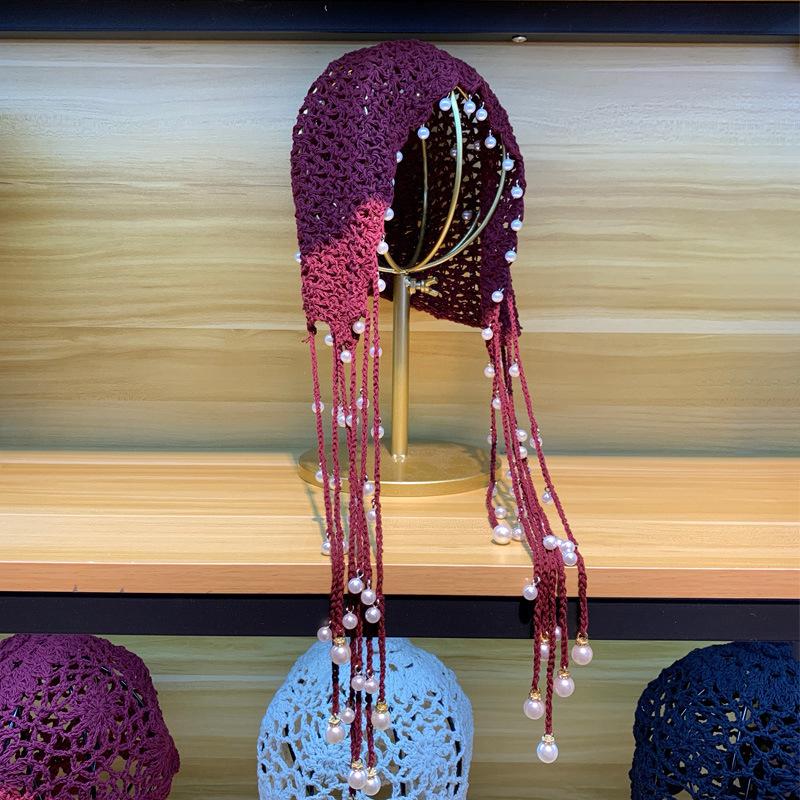 Exotic Hollow Pearl Tassel Bag Head Hat Women's Spring and Summer Handmade Crochet Princess Hat Original Retro Literature and Art