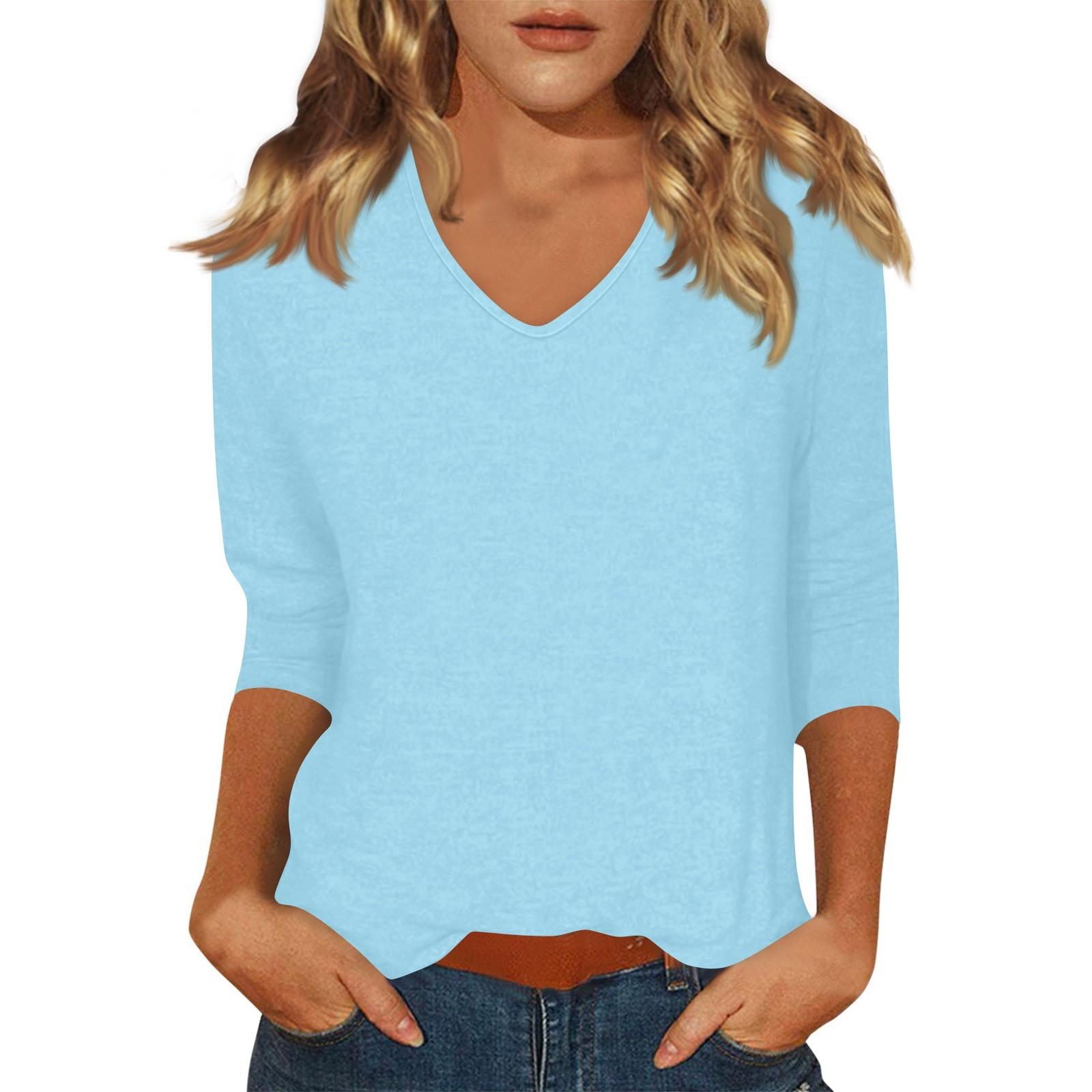 

Женская мода на каждый день Повседневная футболка с v-образным вырезом и семиточечным рукавом с принтом Топ L синий