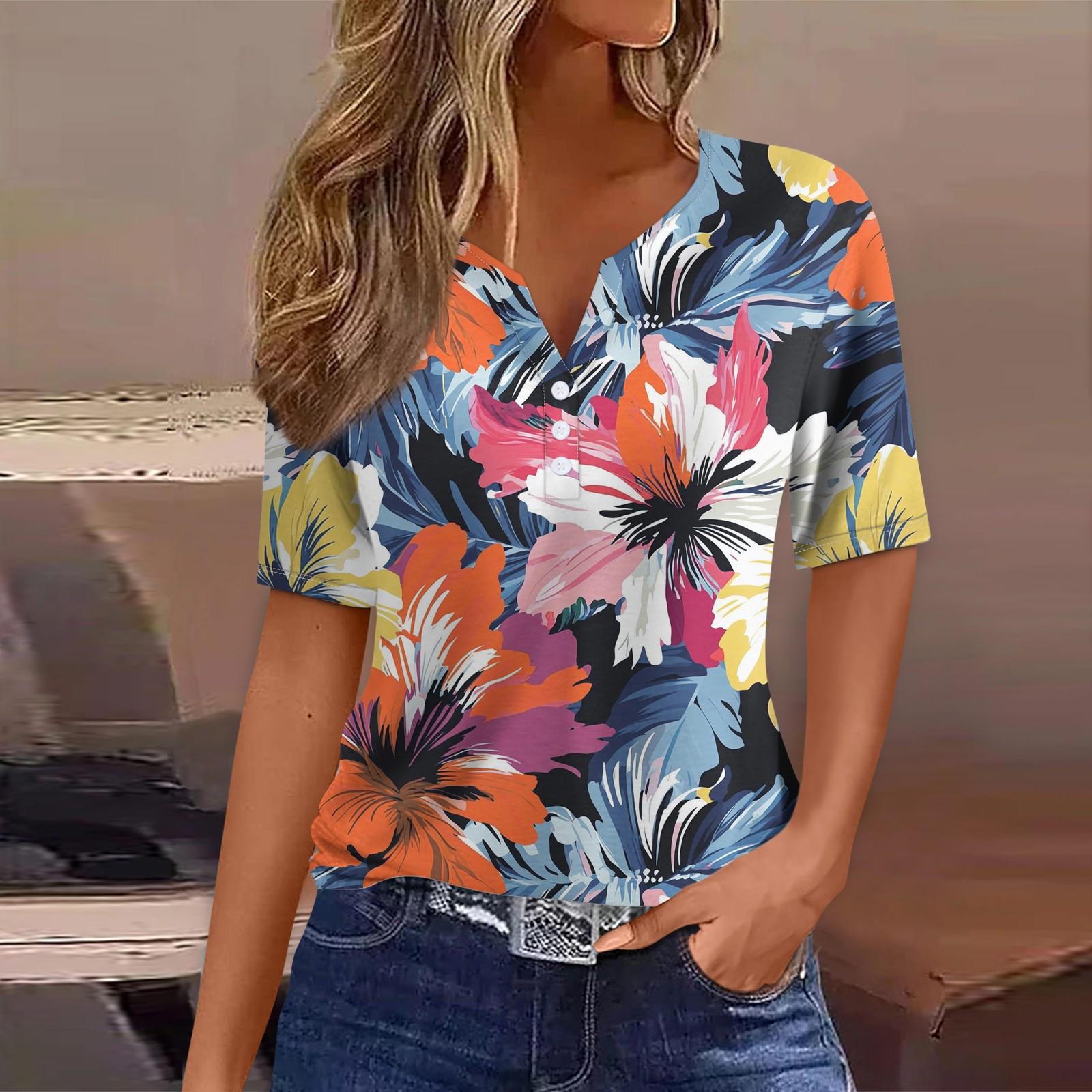 

Жен. Футболка Футболка С принтом Пуговицы С короткими рукавами Повседневные Выходные Мода Классический V-образный вырез Обычный Верх S оранжевый