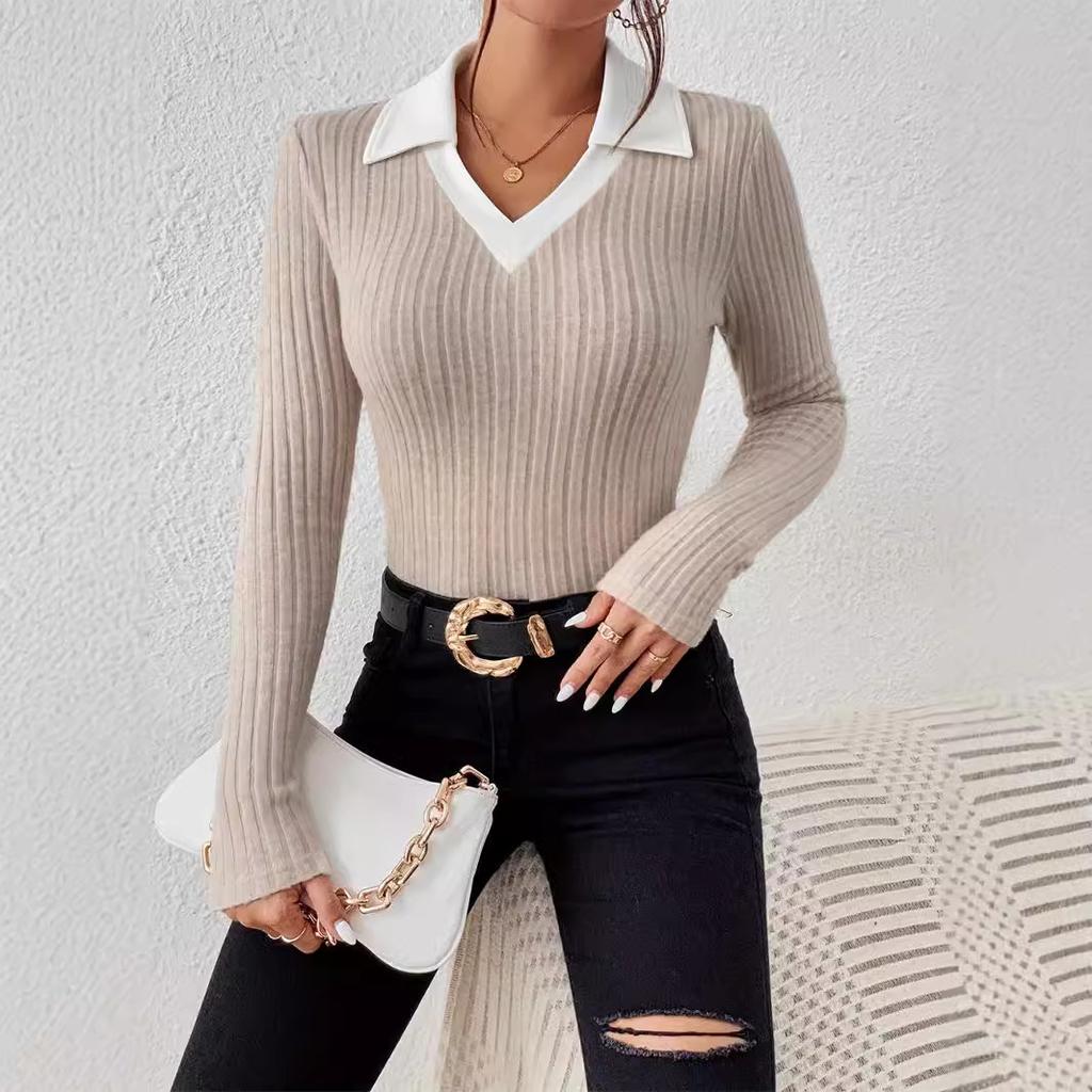 Ladies Autumn Winter Long Sleeve Lapel Solid Color Ribbed Slim Fit Pullover Polo Shirt Top