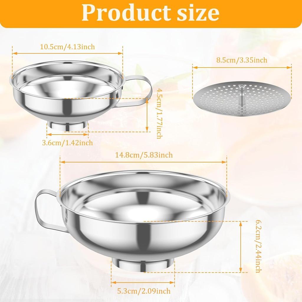 Canning Funnel with Strainer for Wide and Regular Mason Jars - Wide-Mouth Funnels for Kitchen Use - Canning Supplies Kit - Stainless Steel - 3 Pack