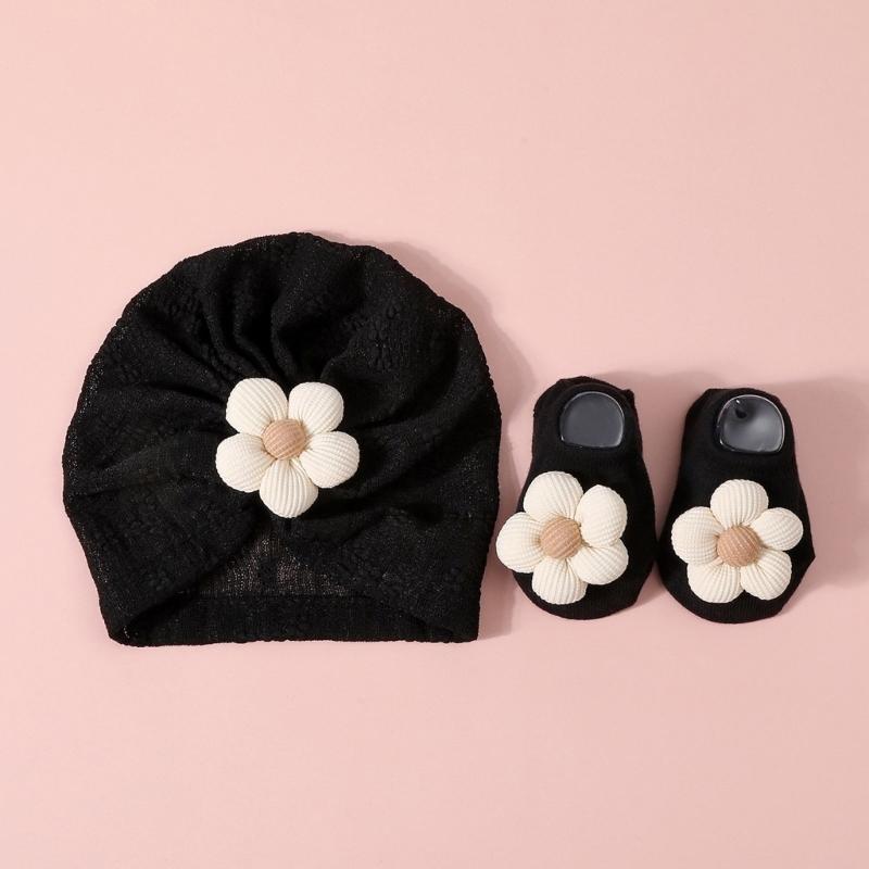 Elastic Infant Turban Hat Breathable Fetal Caps & Matching Socks Set Stylish Girls Clothing Accessories for Baby