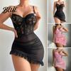 Women Sexy Sleepwear Lace Sheer Babydoll Dress for See Through Chemise Mesh Breathable Nightwear Nightgown Mini Spaghetti Strap Ruched Bodycon
