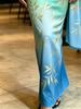 Women's Gradient Green Gold Bamboo Print Maxi Dress V Neck Wrap Waist Flare Sleeve Party Gown