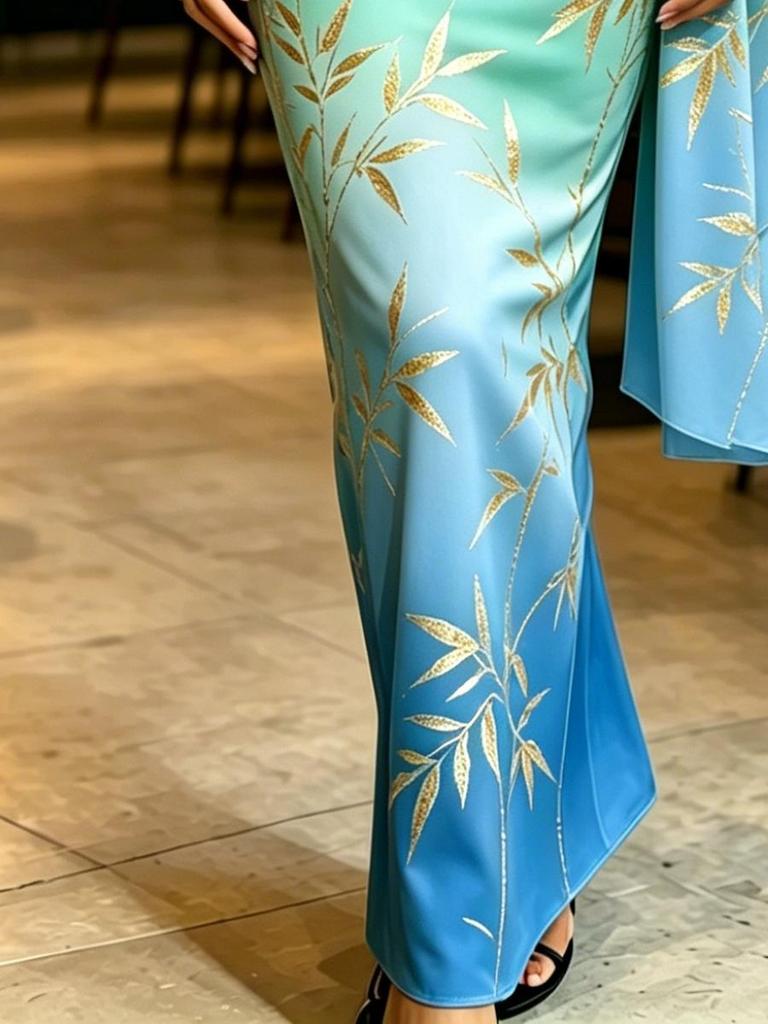 Women's Gradient Green Gold Bamboo Print Maxi Dress V Neck Wrap Waist Flare Sleeve Party Gown