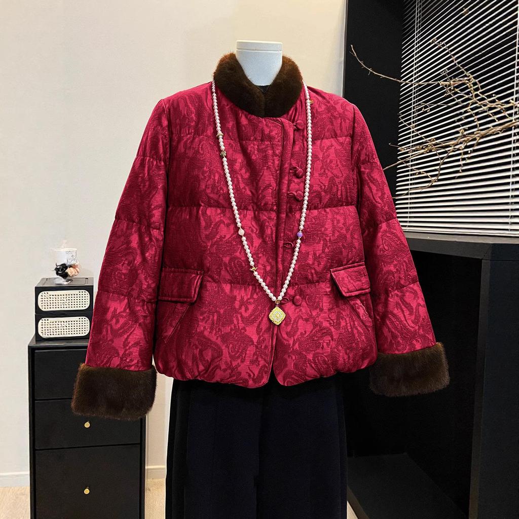 Maternity Retro Chinese Style Fur Collar Duck Down Jacket - Winter 2025