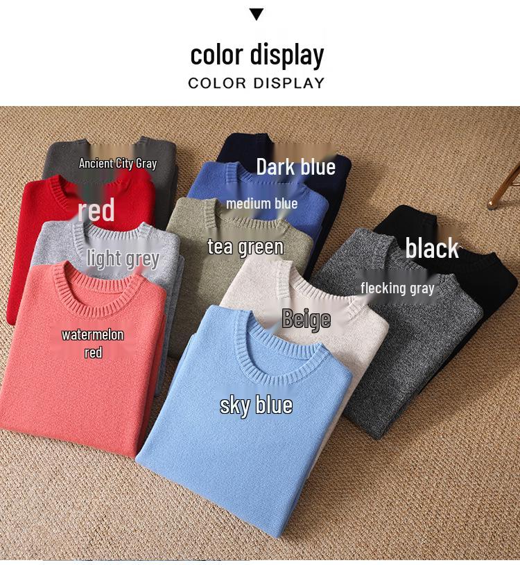 Men's Pure Wool Thickened Winter Pullover - Color Block Round Neck Cashmere Sweater