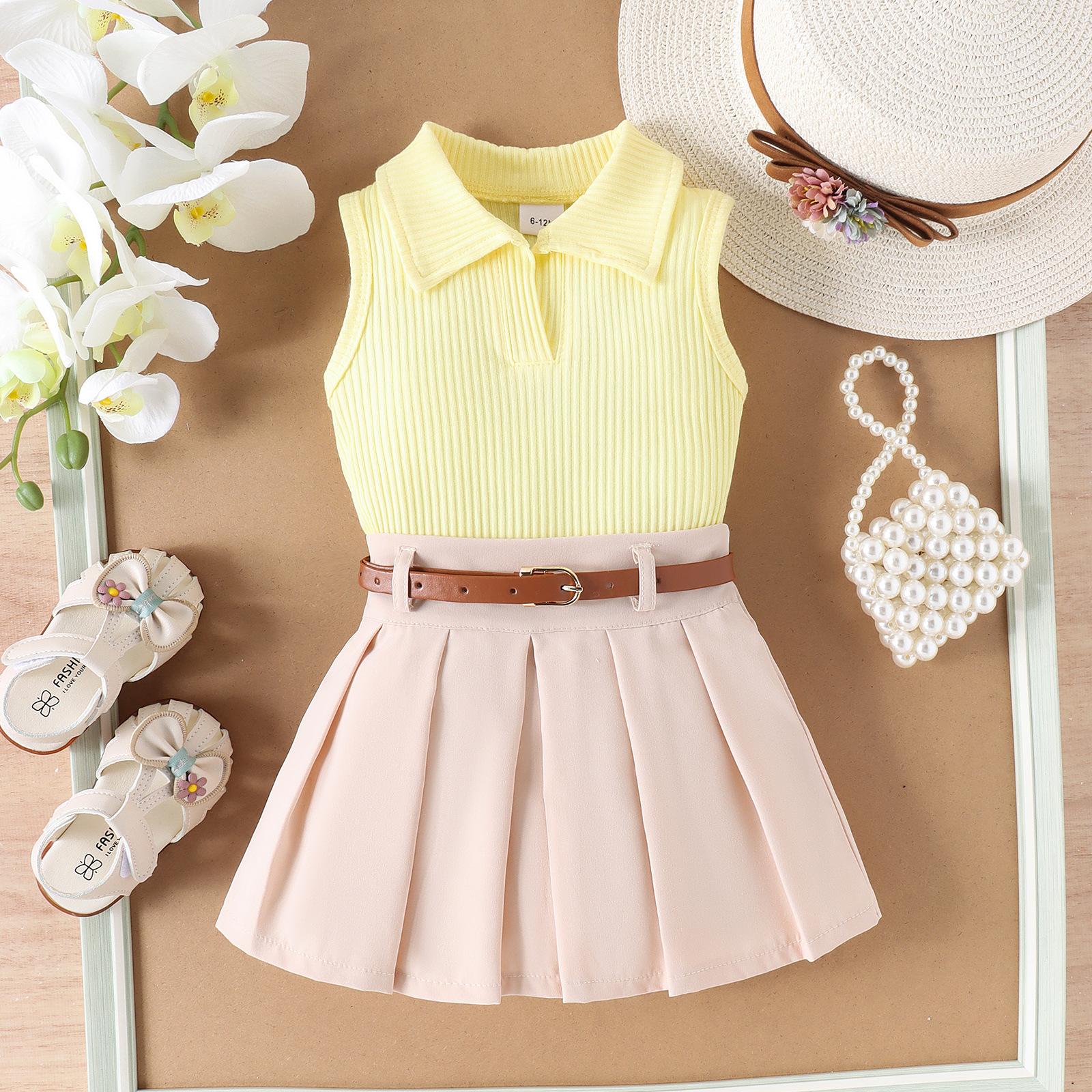 

Дитячий модний костюм. Літній повсякденний жилет для дівчаток, плісирована спідниця з поясом 6-12M хакі