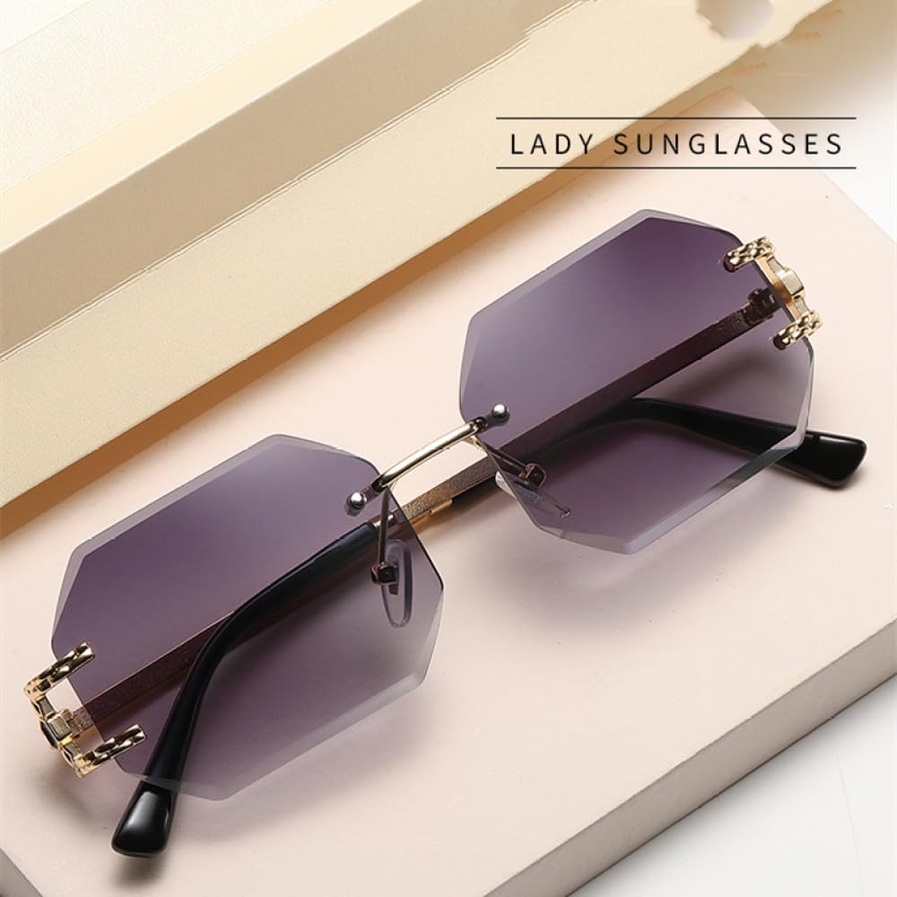 Fashion Sunglasses for Women Men- Octagon Frameless Sun Glasses Black Shade Polygon Tinted Eyewear