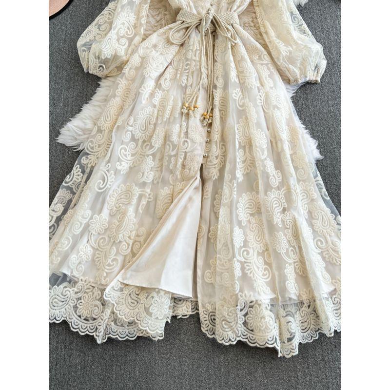 French style Elegant Water Soluble Flower Hollow Embroidery Dress Pettiskirt Lace Waist Hugging Temperament Fairy Holiday Style Long dress