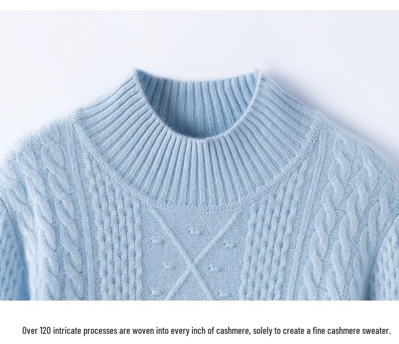 Women's Thickened Cashmere Half-High Neck Diamond Cable Knit Sweater - Long Sleeve Solid Color Pullover