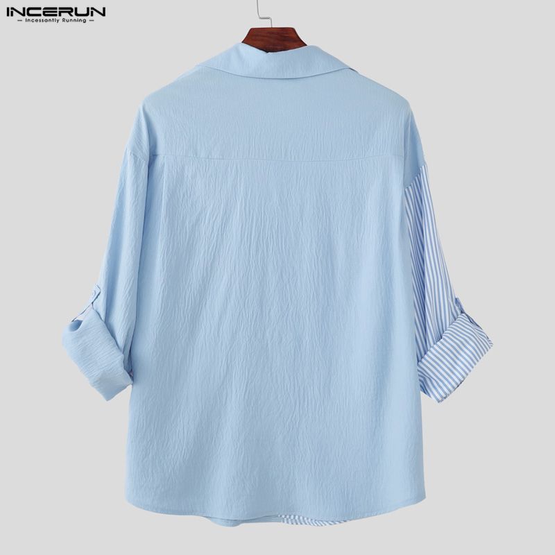 INCERUN Oversized Men Lapel Neck Long Sleeve Striped Patchwork Casual Shirts Tops 