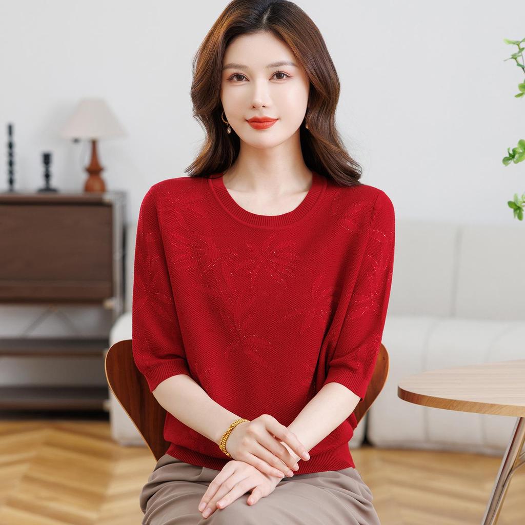 Spring & Autumn Knit Loose 3/4 Sleeve T-shirt for Women - Ice Silk, Stylish Large Size Base Layer