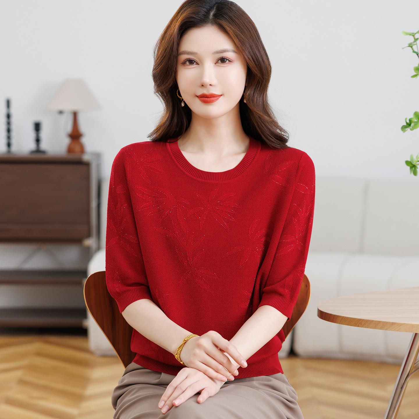 

Spring & Autumn Knit Loose 3/4 Sleeve T-shirt for Women - Ice Silk, Stylish Large Size Base Layer L (suggested up to 105 jin)