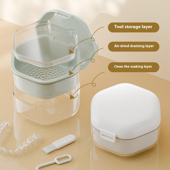 Double Layers Retainer Case Portable Soaking Denture Bath Box with Strainer Basket Invisible Brace Mouth Guard Dental Aligner Container Holder