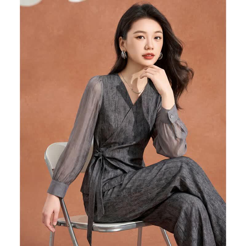 French Style Striped Tie-Front Shirt & Wide-Leg Pants Set L