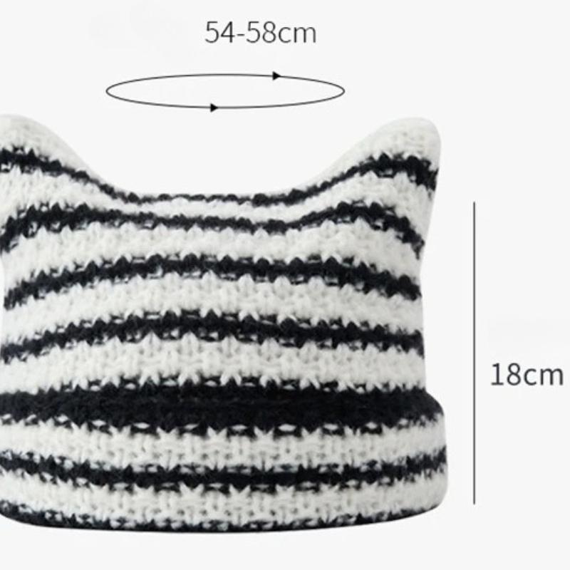 New Japanese Streetwear Harajuku Beanie Little Devil Striped Knitted Hat Women Girls Autumn Winter Cute Cat Ears Cap