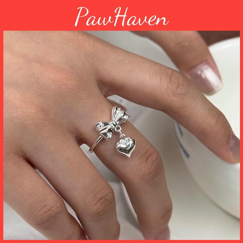 Chic Adjustable S925 Silver Heart Ring With Bow Design For Women Ideal For Everyday Wear