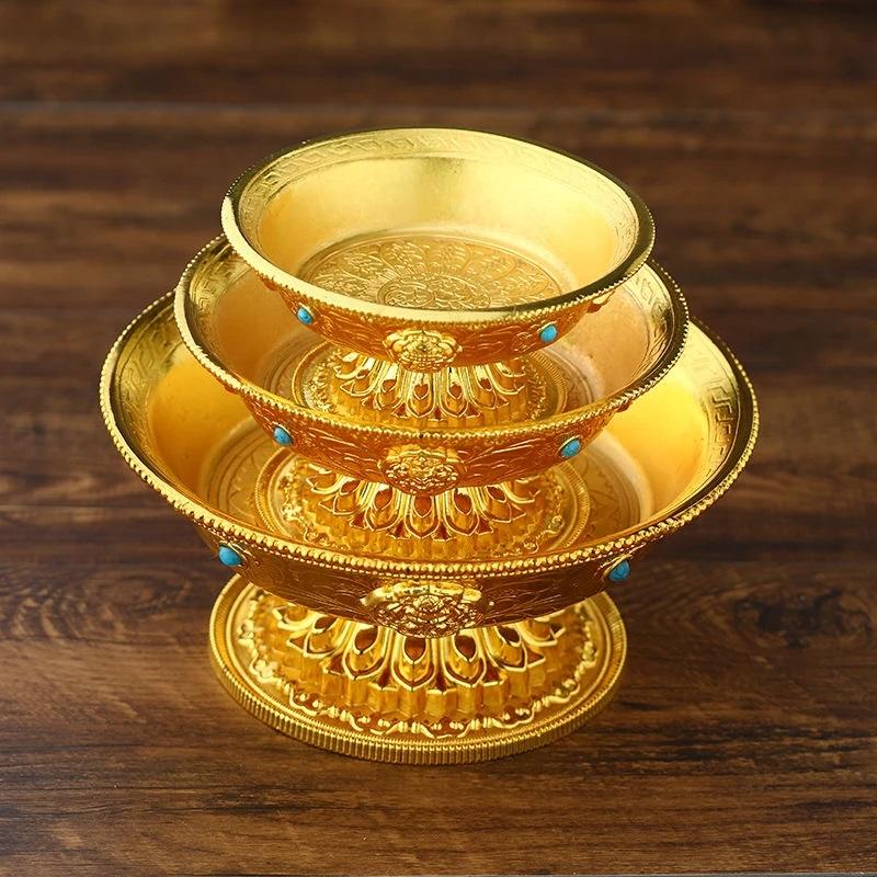 Zinc Alloy Tribute Buddhist Fruit Plate Gold Auspicious Luster Tibetan Plate Engraving Buddha Fruit Saucer Home Gift Decorative