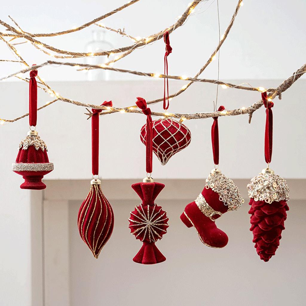 Ensemble de 6 décorations de Noël rouges pour la maison, la cheminée, les fêtes et le sapin de Noël (hiver 2025).