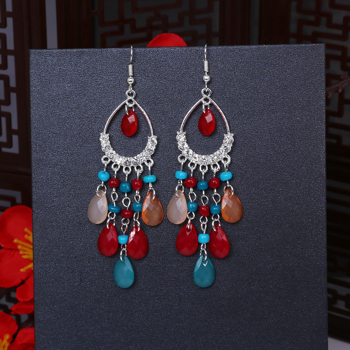 

Серьги-кисточки с рисовыми бусинами и каплями воды в стиле бохо - этнический стиль, яркая индивидуальность E6236-3 красный/синий