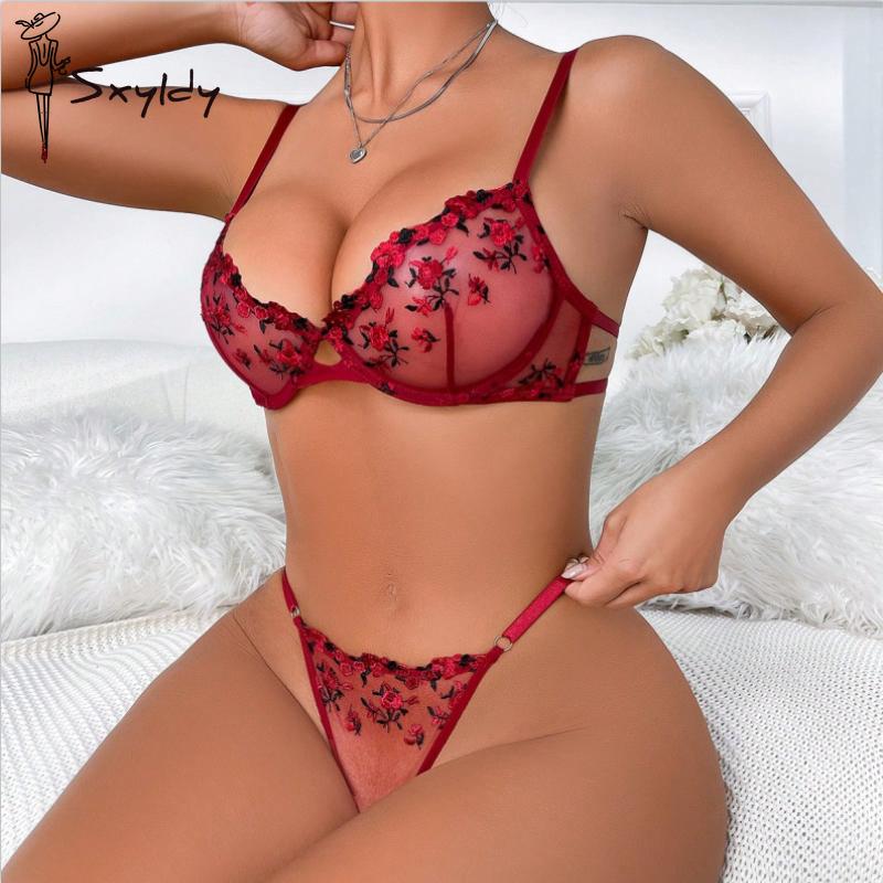 Dámská sexy krajková souprava podprsenky Květinová jednovrstvá podprsenka s kosticemi Nastavitelná tanga Sexy souprava spodního prádla