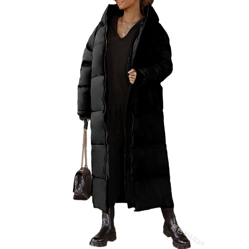 

Зимняя однотонная хлопковая куртка с длинным рукавом и капюшоном, женская куртка, длинная хлопковая одежда L чёрный