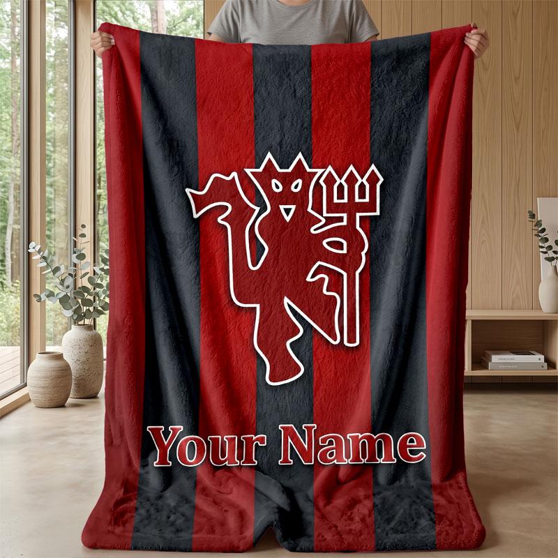 Coperta in Flanella Personalizzata con Nome Testo Manchester United Logo Calcio Plaid in Pile Personalizzato Regalo Speciale per Divano Camera da Letto Casa
