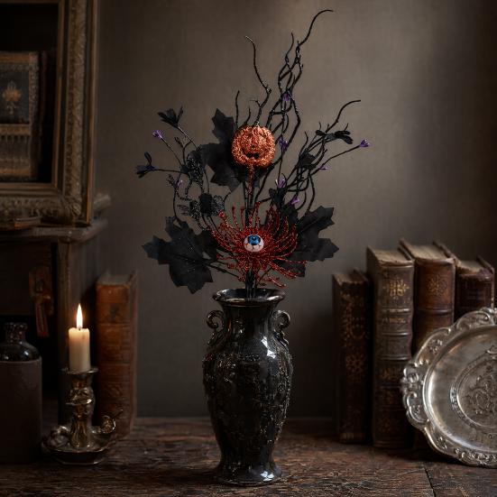 Halloween Home Decor Artificial Branch with Pumpkin And Eyeball, Black Glitter Fake Twig Festive Maple Leaves for Gothic Vase Filler, Party,