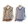 Decote em V Sem Mangas Acabamento Nervurado Estilo Universitário Colete Suéter Outono Inverno Xadrez Patchwork Cor Homens Colete de Malha