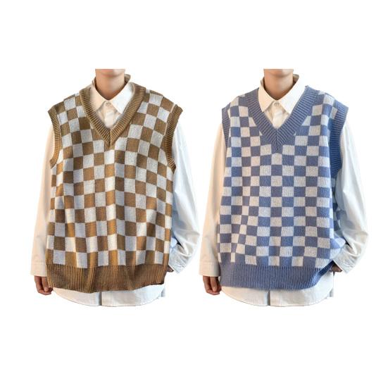 Decote em V Sem Mangas Acabamento Nervurado Estilo Universitário Colete Suéter Outono Inverno Xadrez Patchwork Cor Homens Colete de Malha