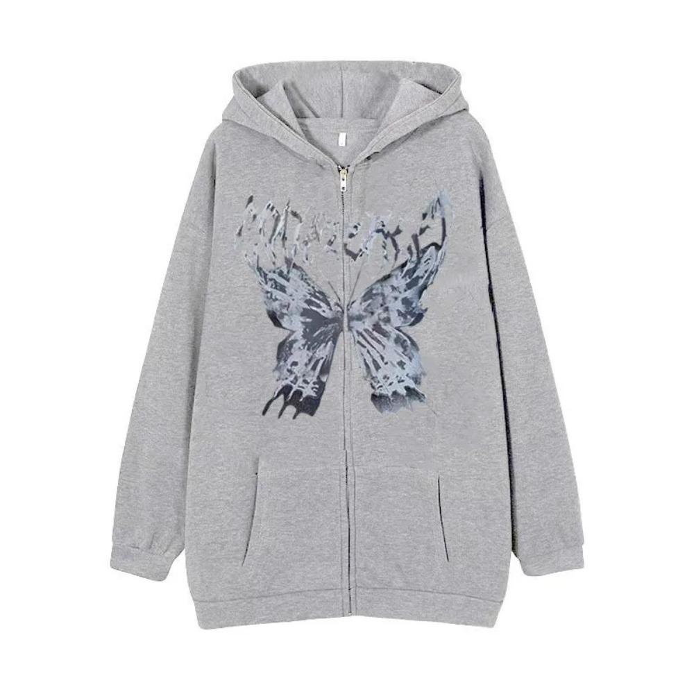 Gothic Style Aramid Hoodie Butterfly Zipper Sports Hoodie Full Sleeve Polyester Fiber Women's Fashion Casual Streetwear