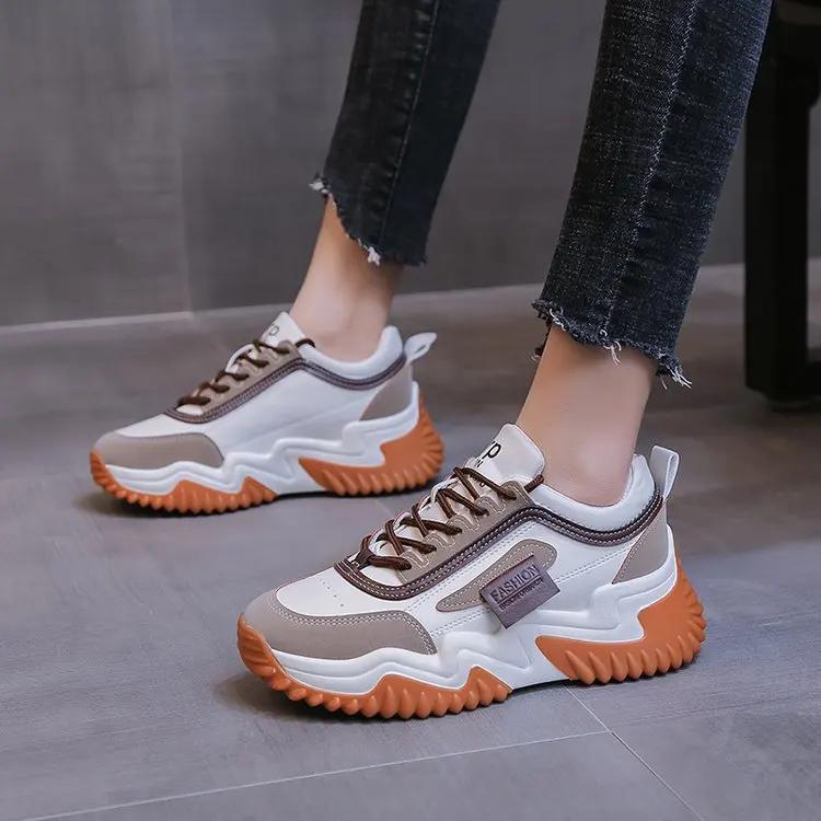 Women Mixed Color Chunky Platform Sneakers Spring Fashion Thick Soled Vulcanized Shoes Woman Lace Up Increase Casual Sports Shoe