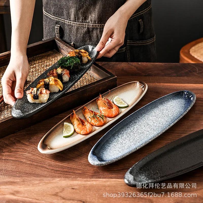 Large Striped Sushi Long Oval Plate, Japanese Style, Sushi Sashimi, Restaurant, Wine, Business, Creative