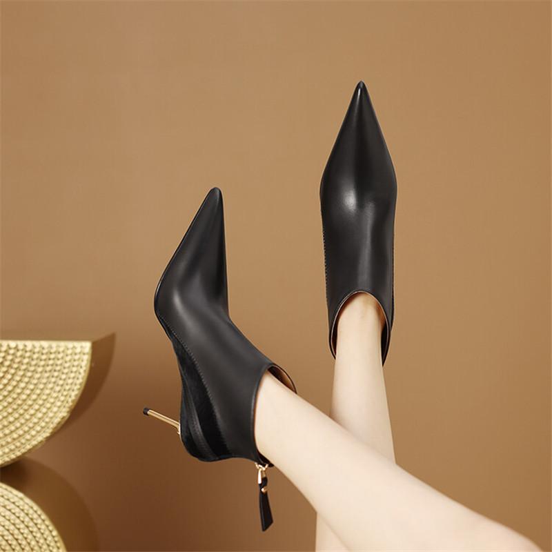 Moda 2025 Invierno Nuevas Botas de Moda Empalmadas Botas de Mujer Botas de Punta para Mujer Zapatos de Cuero Genuino Zapatos De Mujer Tacones Altos