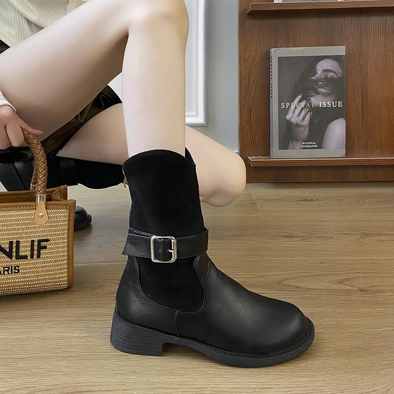 Autumn and winter fashion new retro color matching belt buckle imitation leather Martin boots round head thick sole thick heel short boots thin b