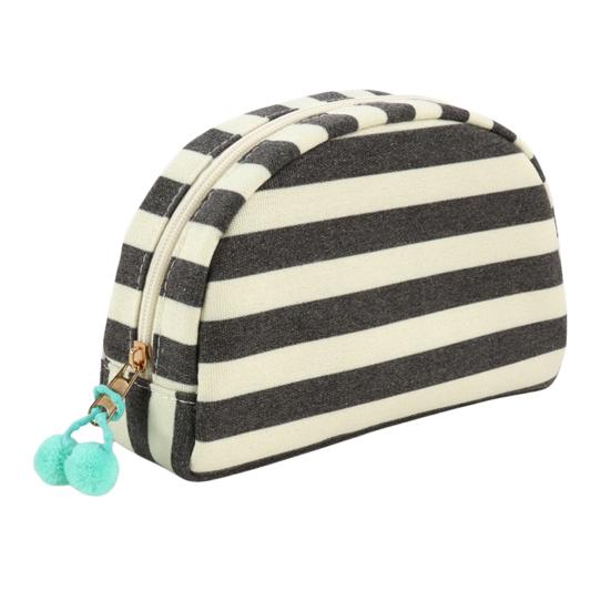 Gestreifte Muschel Kosmetiktasche Canvas Reise Make-up Organizer Tragbare Niedliche Make-up Tasche mit Pompoms für Frauen Mädchen Toilettenartikel