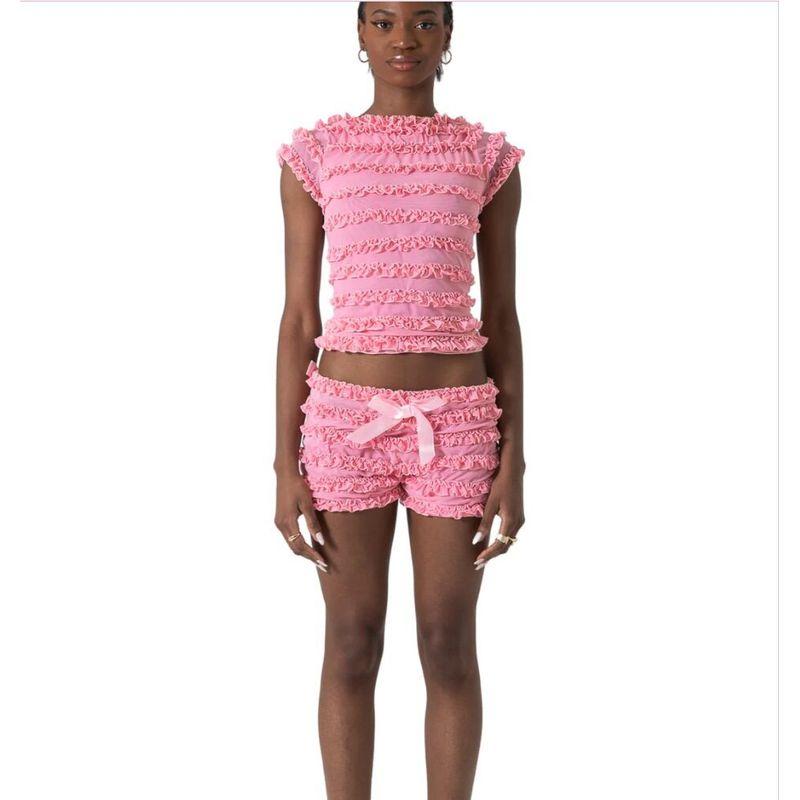 European and American Hot-Selling Sweet and Spicy Girl Style Ruffled Lace-Up Camisole and Lace-Trimmed Puffy Shorts Two-Piece Set Pink XL