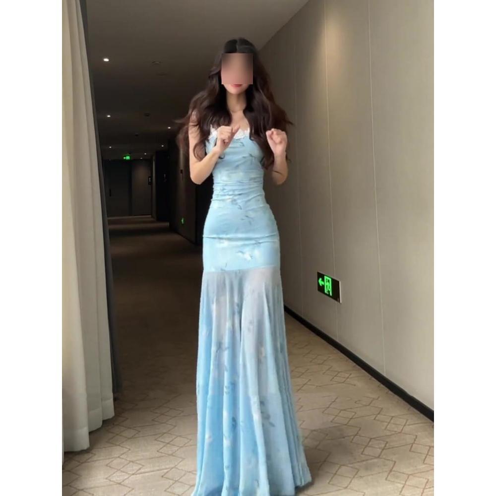 Blue Lace Mesh Suspender Dress Women's Summer Seaside Vacation Beautiful Beautiful Fishtail Hip Dress